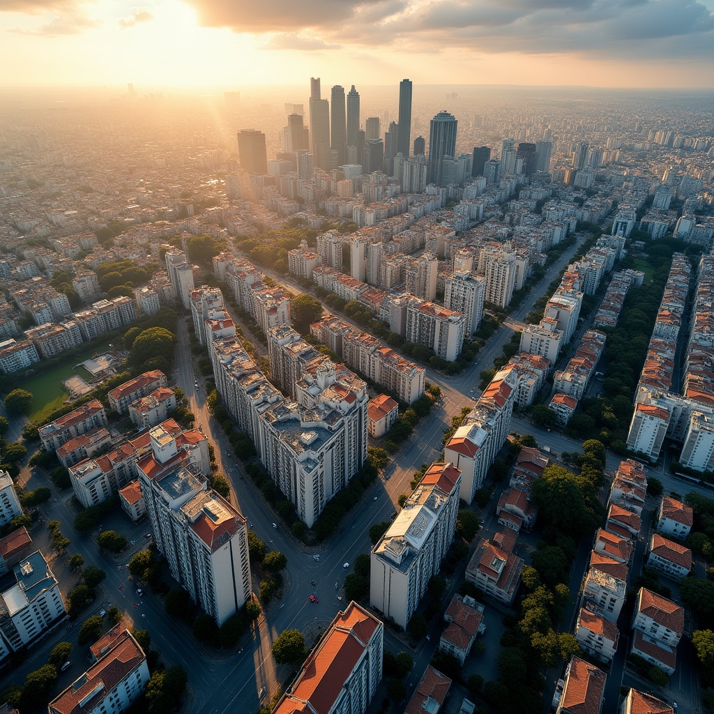 Aerial view of Buenos Aires showing varying urban density zones with high-rise buildings in the center transitioning to lower density neighborhoods