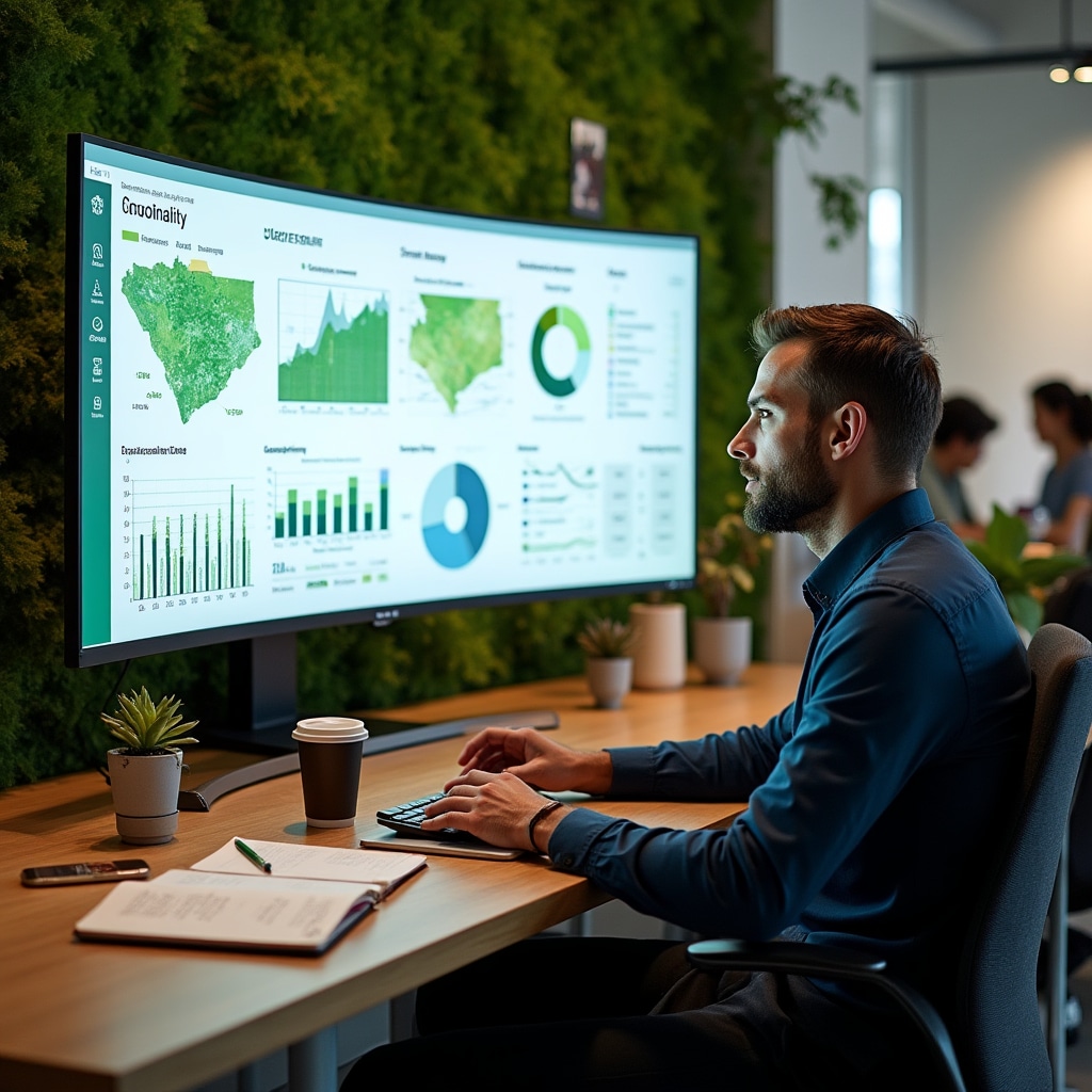Sustainability research dashboard showing environmental impact assessments, green infrastructure coverage maps, carbon footprint data, and ecological performance indicators for urban areas