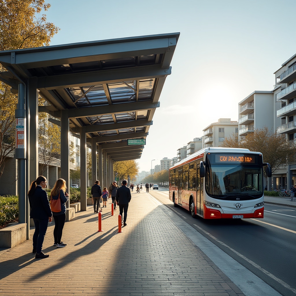 Modern bus rapid transit station in Argentina with accessible platforms, clear signage, and integrated pedestrian connections