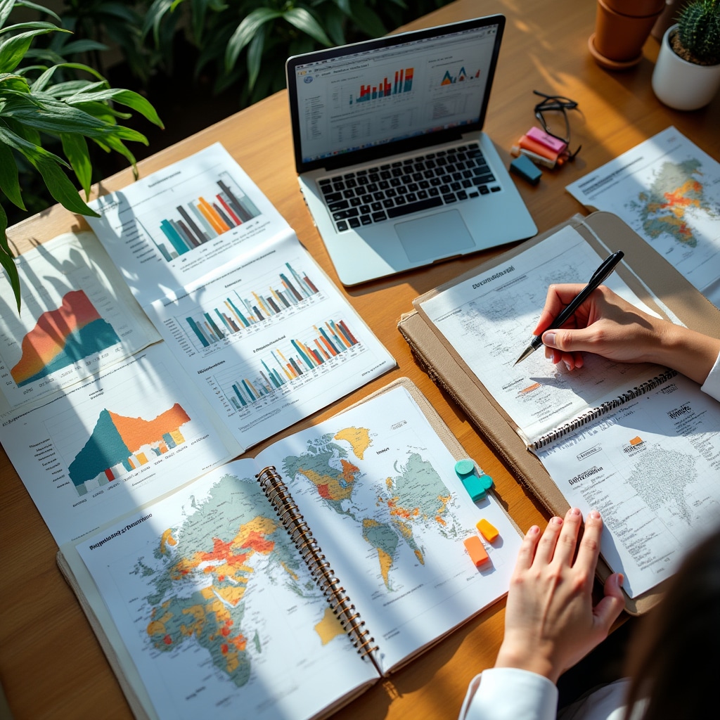 Detailed demographic research workspace with population density charts, age distribution graphs, and migration pattern maps spread across large desk with analytical tools visible