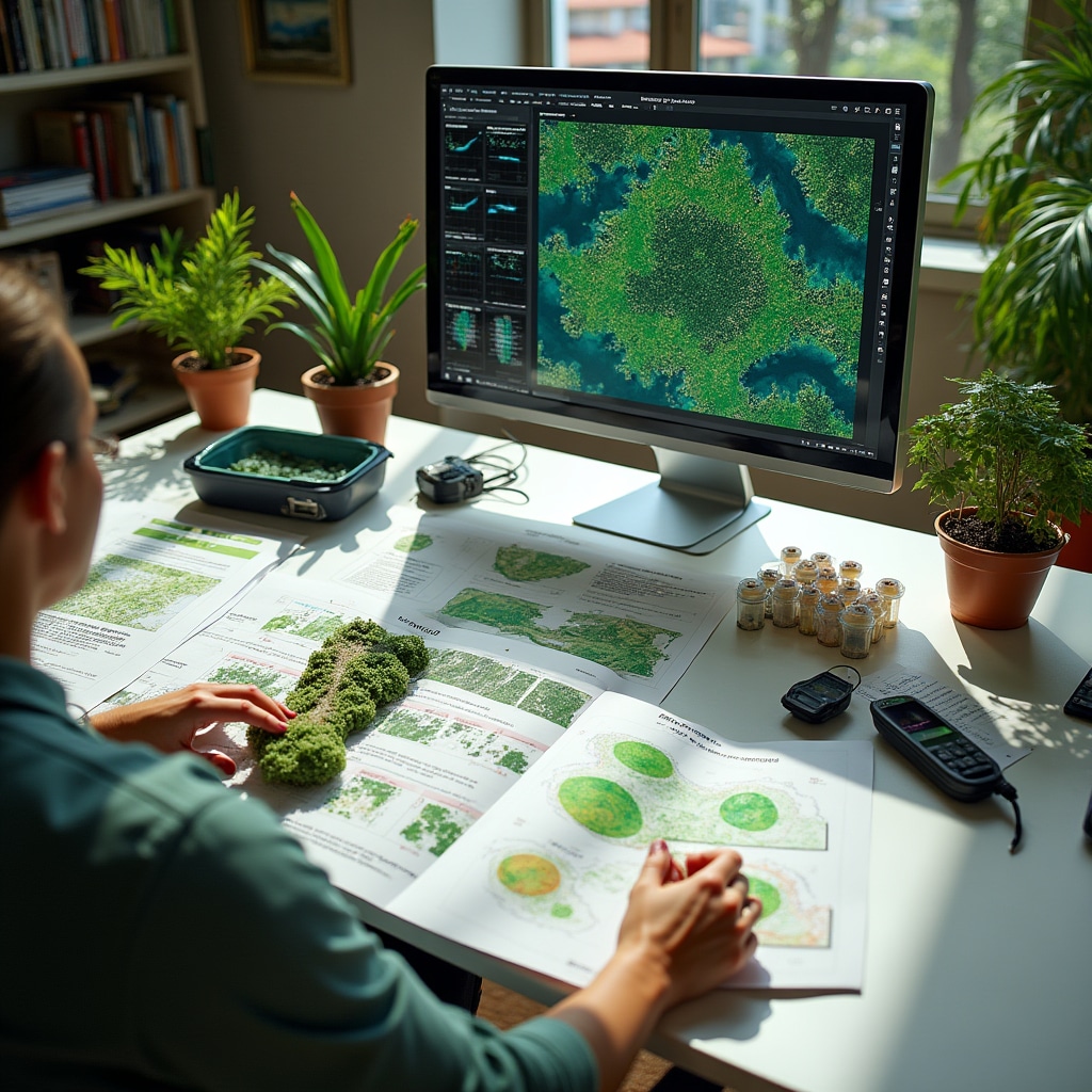 Environmental research analysis showing green space distribution studies, air quality monitoring data, and ecological impact assessments of urban density in Argentine metropolitan areas