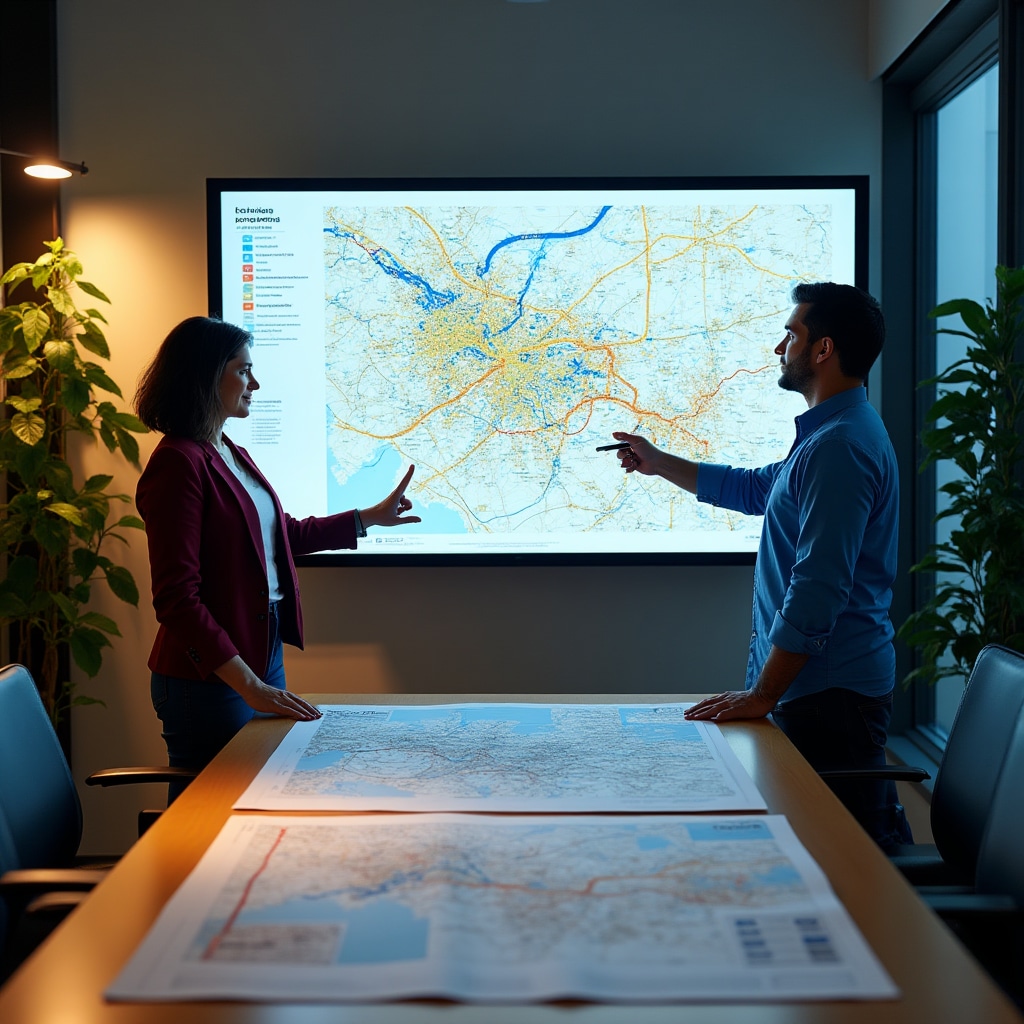 Urban infrastructure mapping session showing detailed utility network diagrams, public service distribution maps, and transportation system overlays on digital displays