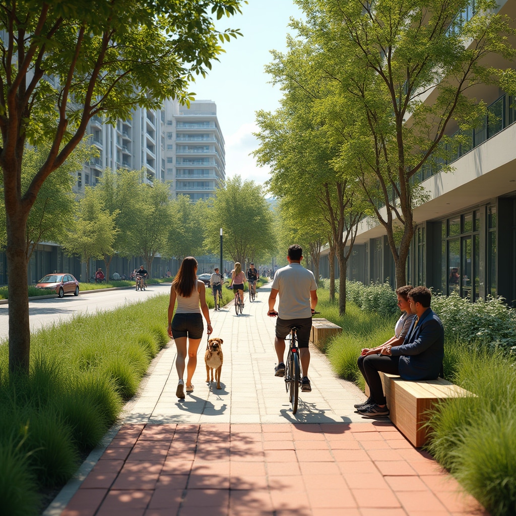 Modern green urban corridor with native Argentine vegetation, pedestrian pathways, cycling lanes, and sustainable drainage systems