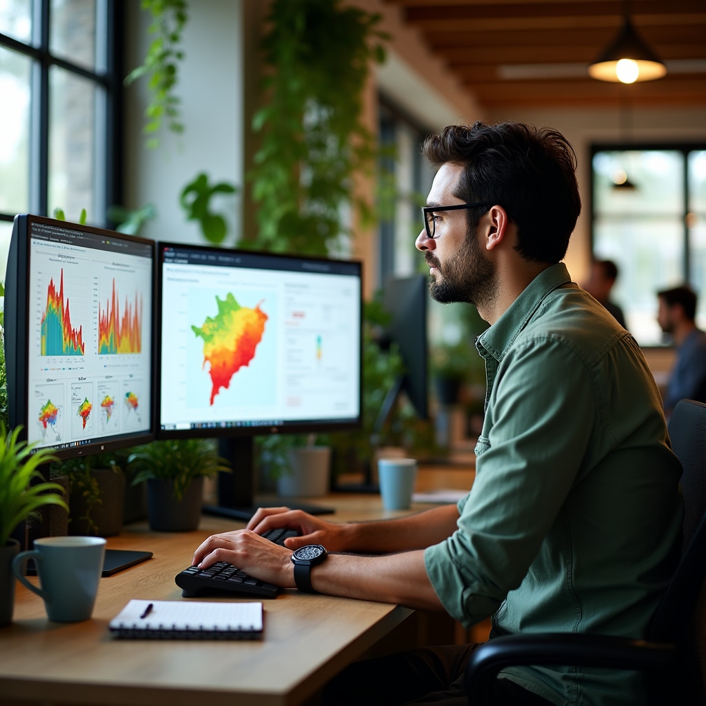 Data analyst working at dual monitor setup displaying urban density heat maps and demographic visualization tools in contemporary workspace with natural lighting