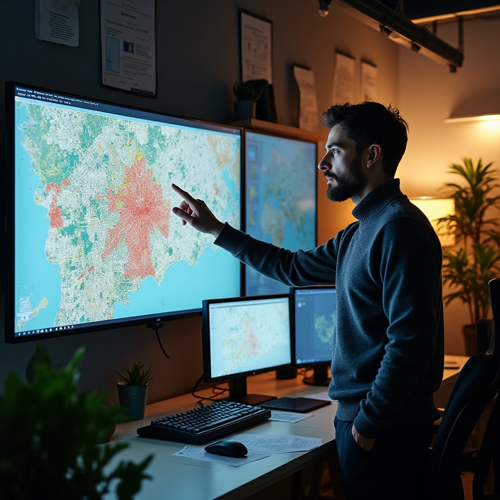 Geographic information systems specialist analyzing spatial data on large display screen showing detailed urban mapping layers and density distributions