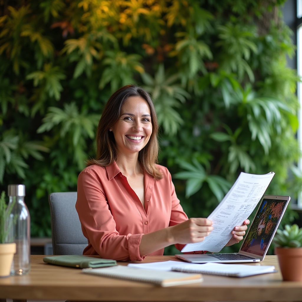 Sustainability expert reviewing green infrastructure plans in modern office setting with living plant wall and eco-friendly workspace design elements
